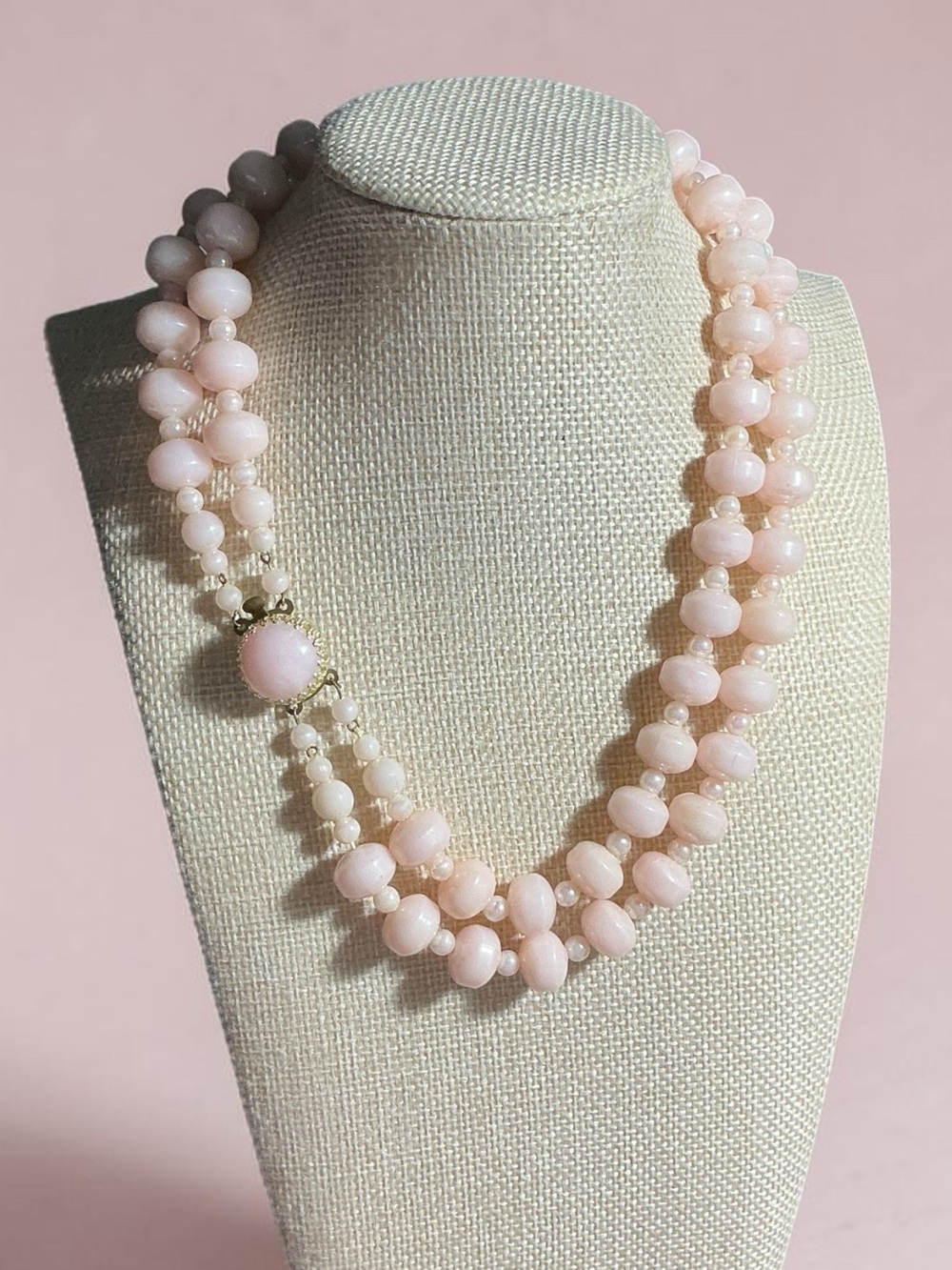 Two-Strand Pale Pink Beaded Necklace with Button Clasp
